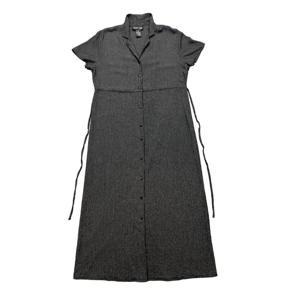 Style & Co Petite Womens 8P Black White Windowpane Check Button Dress‎ Tie Back